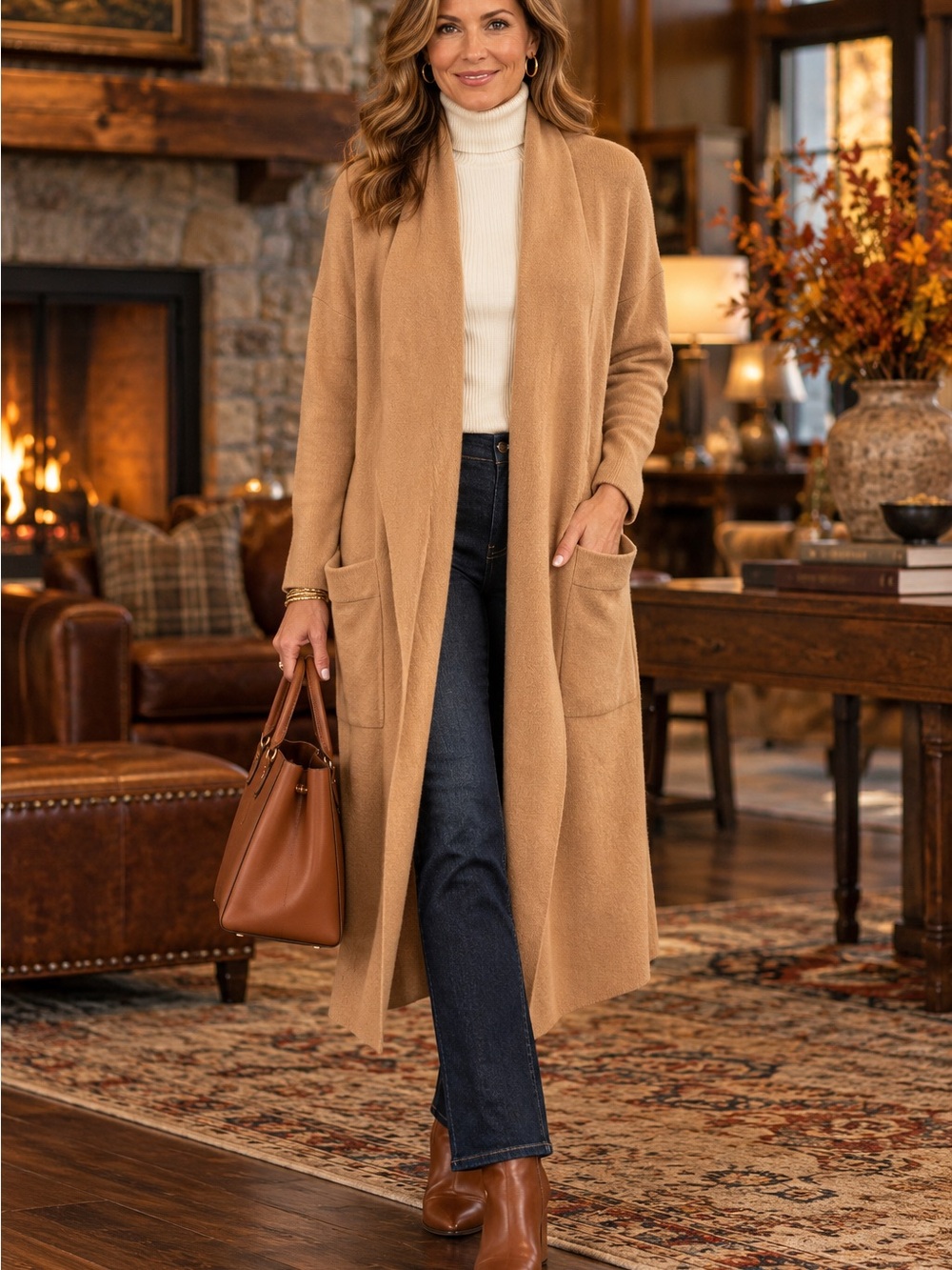 Camel Longline Duster Cardigan L Open Front Pockets Quiet Luxury